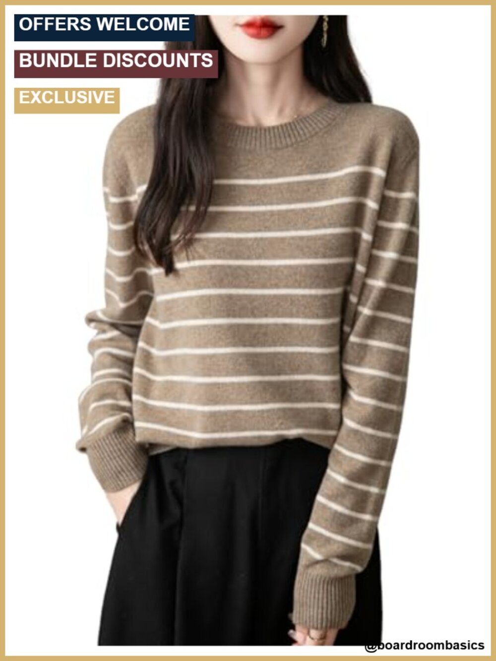 100% Merino Wool Crew Neck Striped Long Sleeve Knit Sweater Pullover